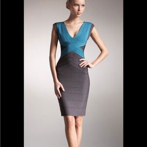 Herve Leger Gray & Teal Shadow Bandage Dress Size Large